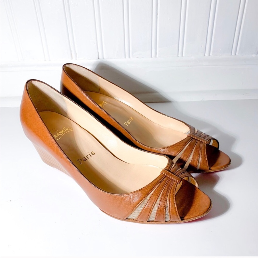 Louboutin Brown Leather Peep-Toe Wedges
